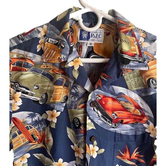 RJC Hawaiian Shirt Men's Small Blue Cars Hot Rod Surf Floral Vintage 90’s - Picture 3 of 14
